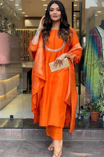 Orange color chanderi viscose sttiched kurta set