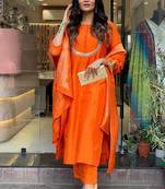 Orange color chanderi viscose sttiched kurta set