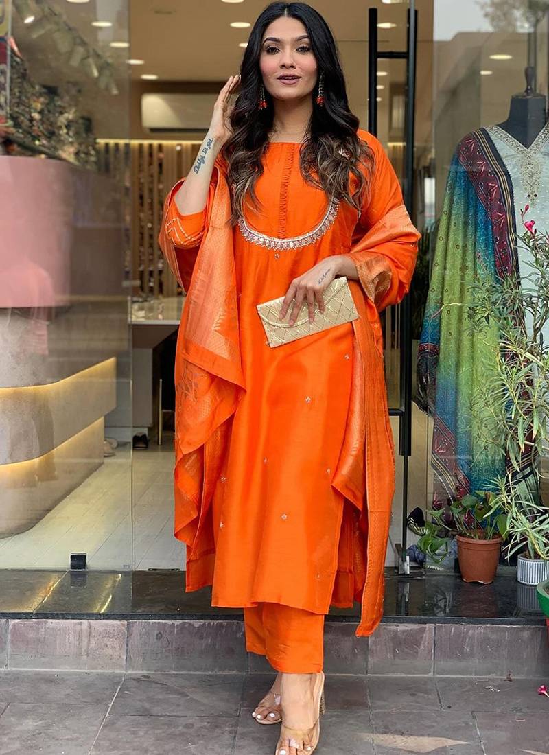 Orange color chanderi viscose sttiched kurta set