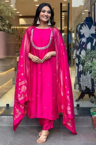 Rani pink color chanderi viscose sttiched kurta set