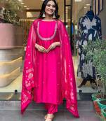 Rani pink color chanderi viscose sttiched kurta set