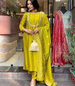 Parrot green color chanderi viscose sttiched kurta set