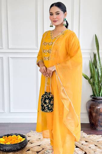 Yellow viscose chanderi sttiched suit