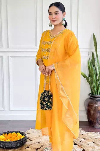 Yellow viscose chanderi sttiched suit