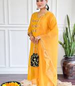 Yellow viscose chanderi sttiched suit