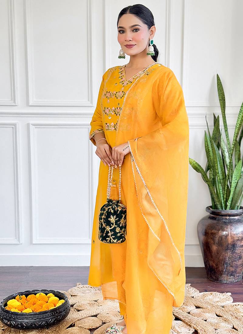 Yellow viscose chanderi sttiched suit