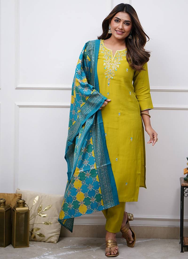 Lemon yellow silk sttiched straight suit