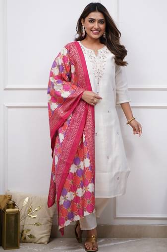 White color silk sttiched straight suit