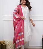White color silk sttiched straight suit