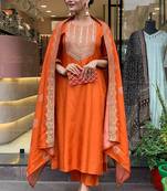Chanderi embroidered kurta set in orange