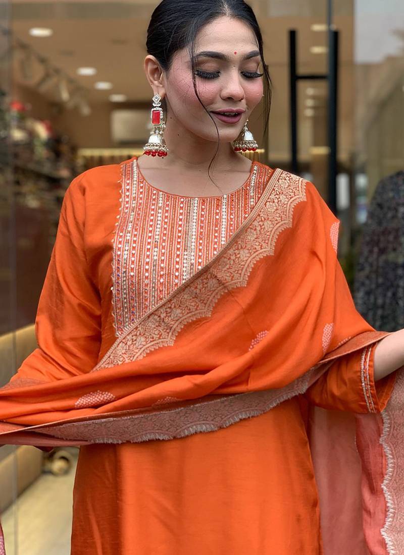 Chanderi embroidered kurta set in orange
