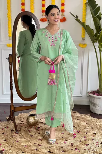 Sea green chanderi embroidered kurta set