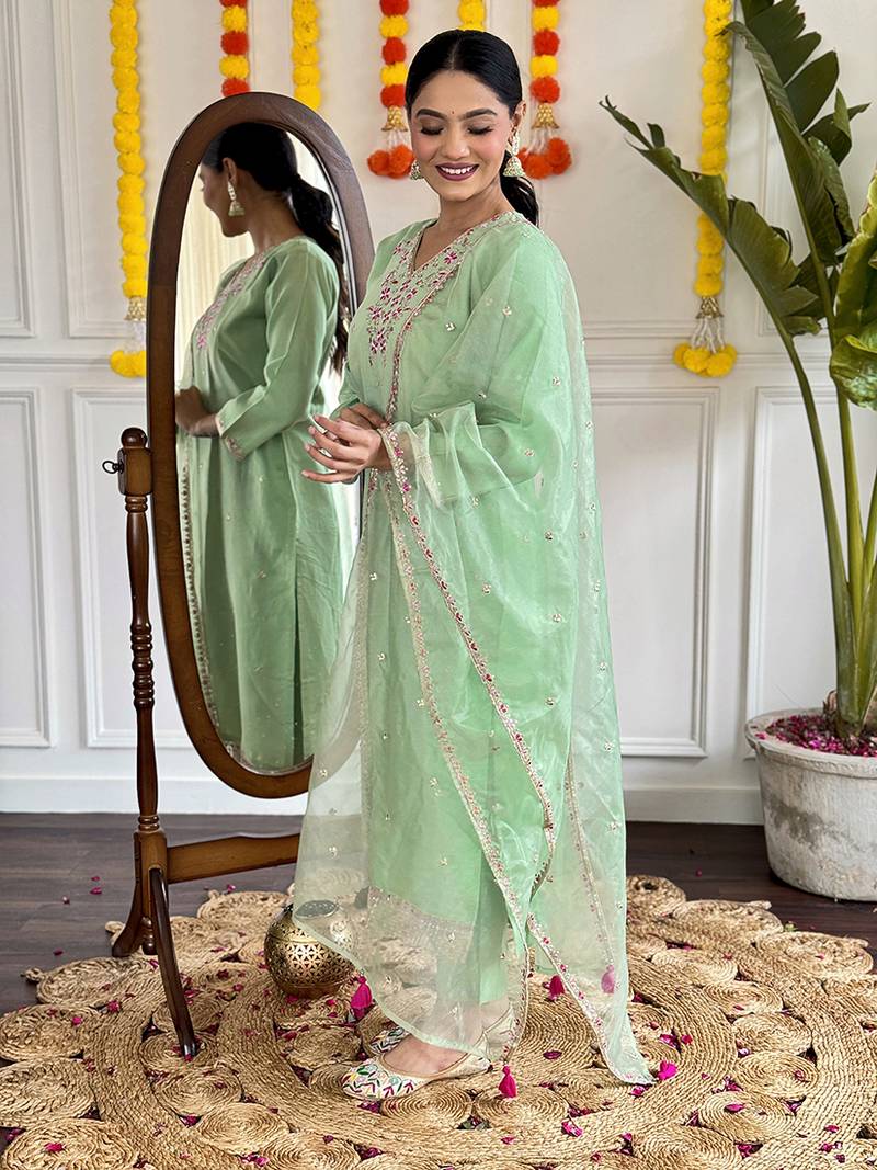 Sea green chanderi embroidered kurta set