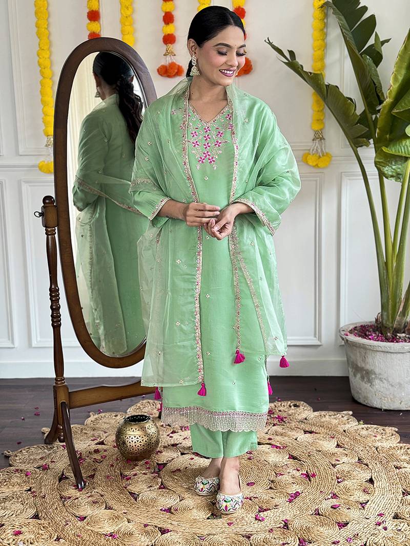Sea green chanderi embroidered kurta set