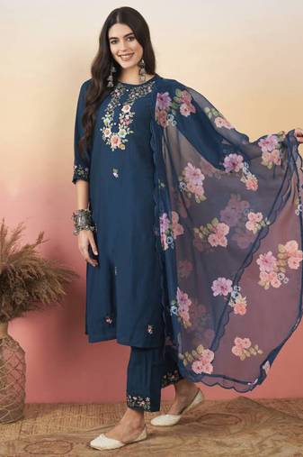 Navy blue color viscose chanderi sttiched suit