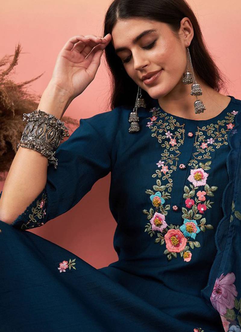 Navy blue color viscose chanderi sttiched suit