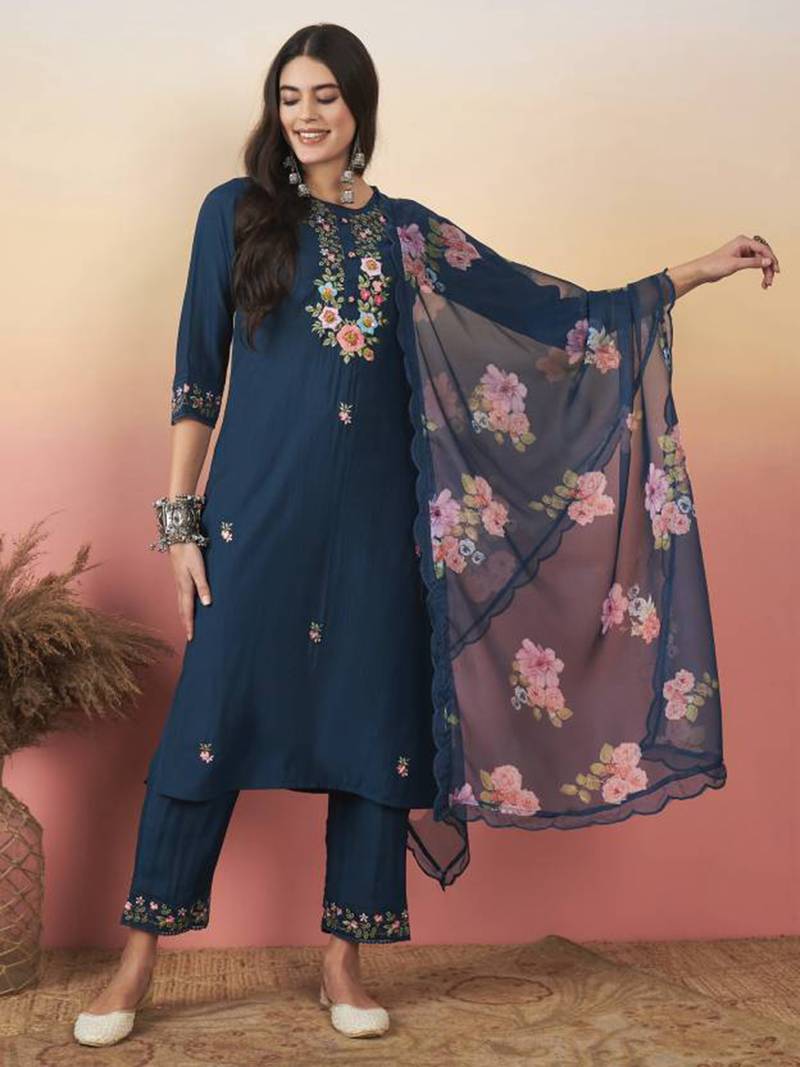 Navy blue color viscose chanderi sttiched suit