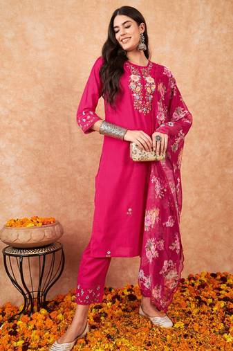 Rani pink color viscose chanderi sttiched suit