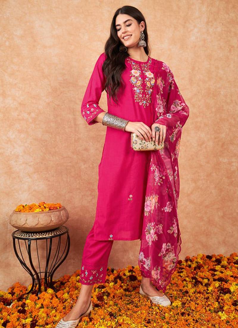 Rani pink color viscose chanderi sttiched suit