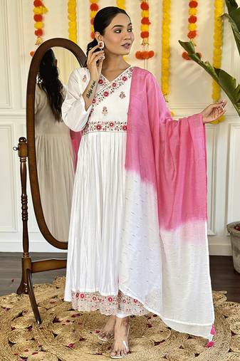 White color viscose chanderi embroidered anarkali suit