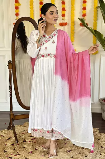 White color viscose chanderi embroidered anarkali suit