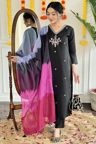 Black color chanderi embroidered suit