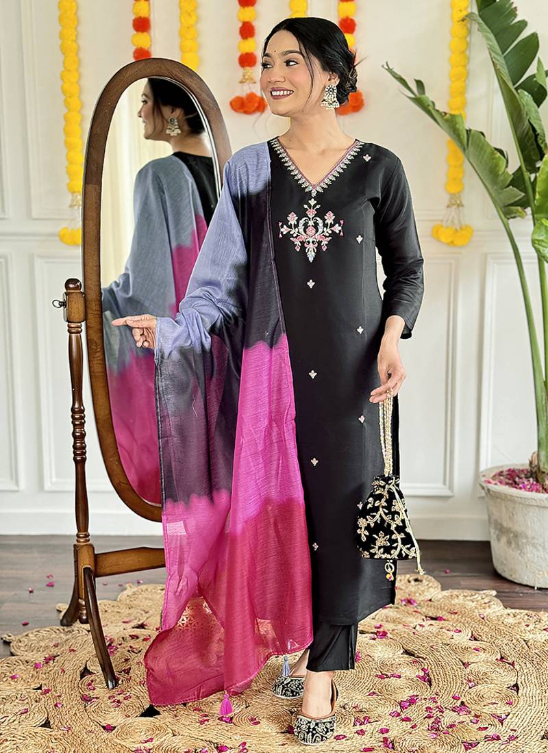 Black color chanderi embroidered suit