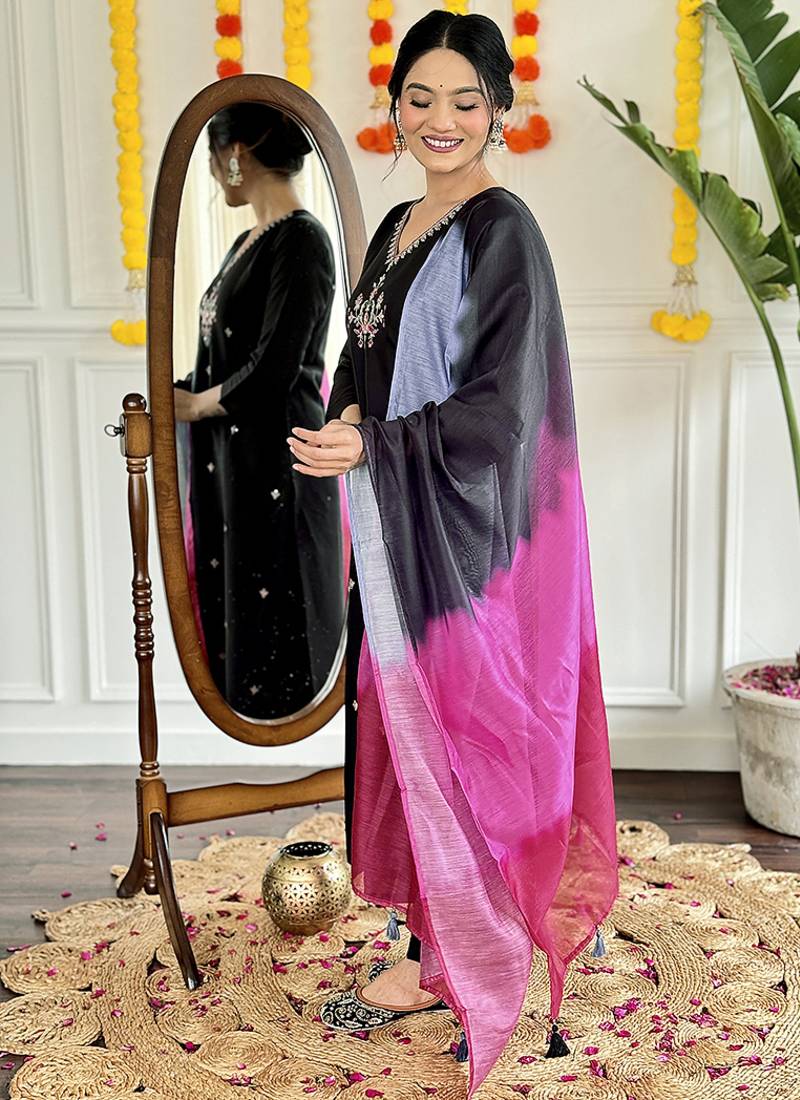 Black color chanderi embroidered suit