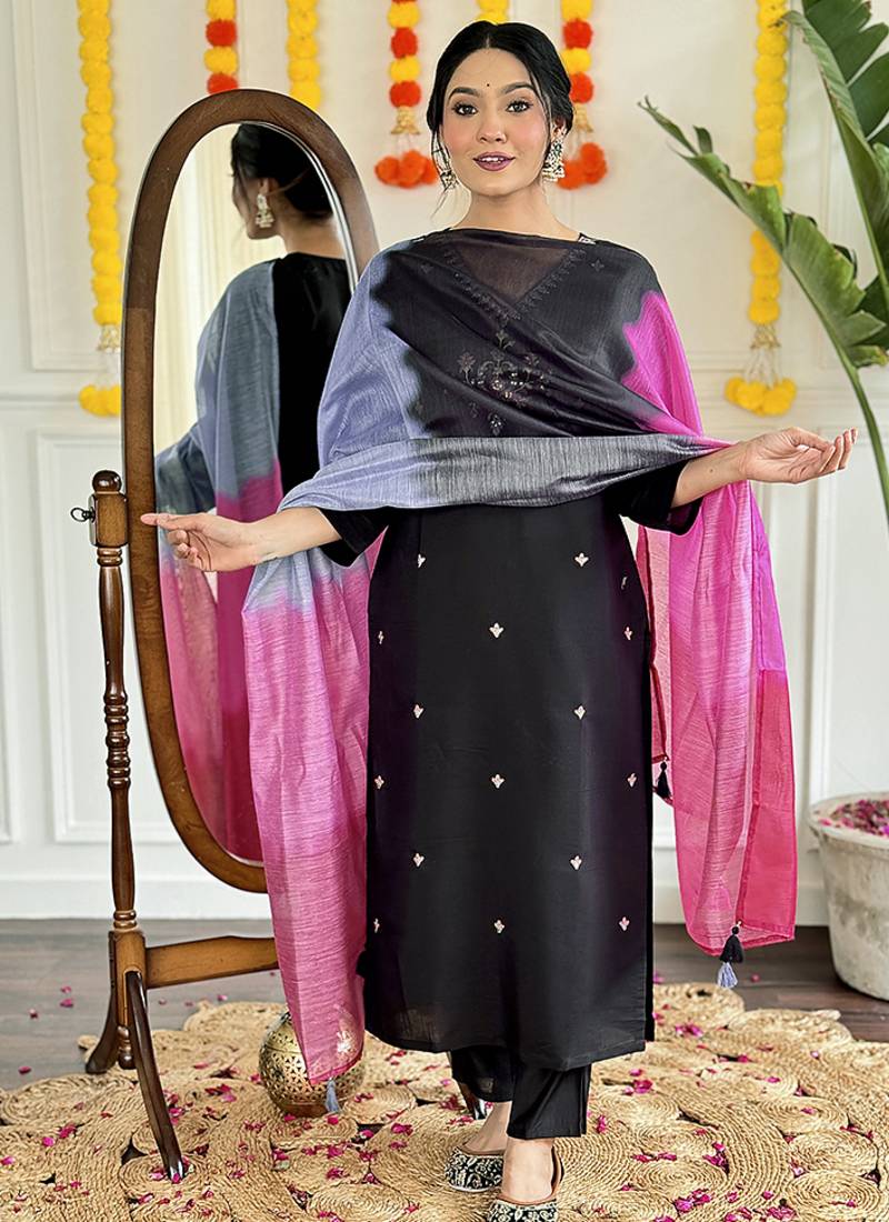 Black color chanderi embroidered suit