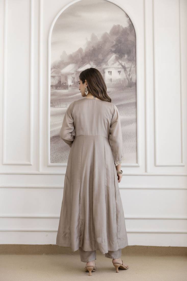 Chiku Color Beautiful Vichitra Silk Fabric Graceful Ceremonial Kurti Set