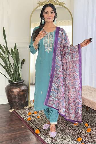 Sky blue viscose chanderi embroidered ready made kurta set