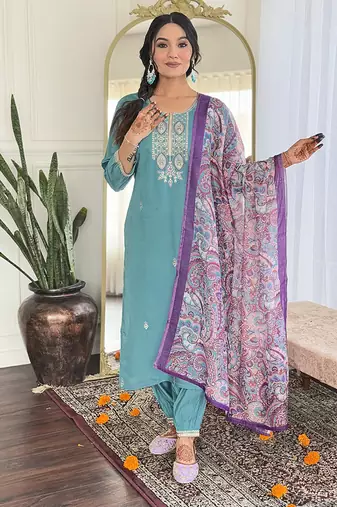 Sky blue viscose chanderi embroidered ready made kurta set