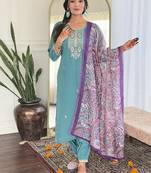 Sky blue viscose chanderi embroidered ready made kurta set
