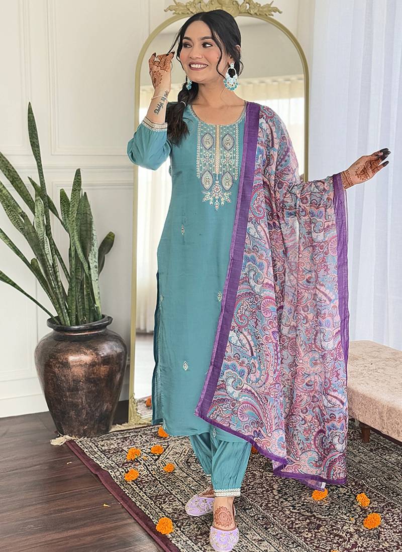 Sky blue viscose chanderi embroidered ready made kurta set