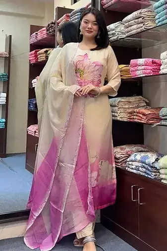 Tabby silk hand work sttiched suit in cream