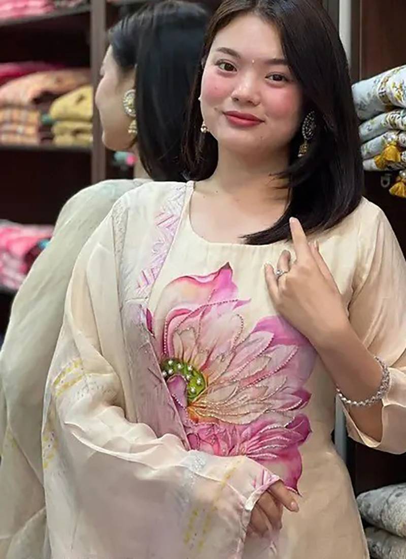 Tabby silk hand work sttiched suit in cream