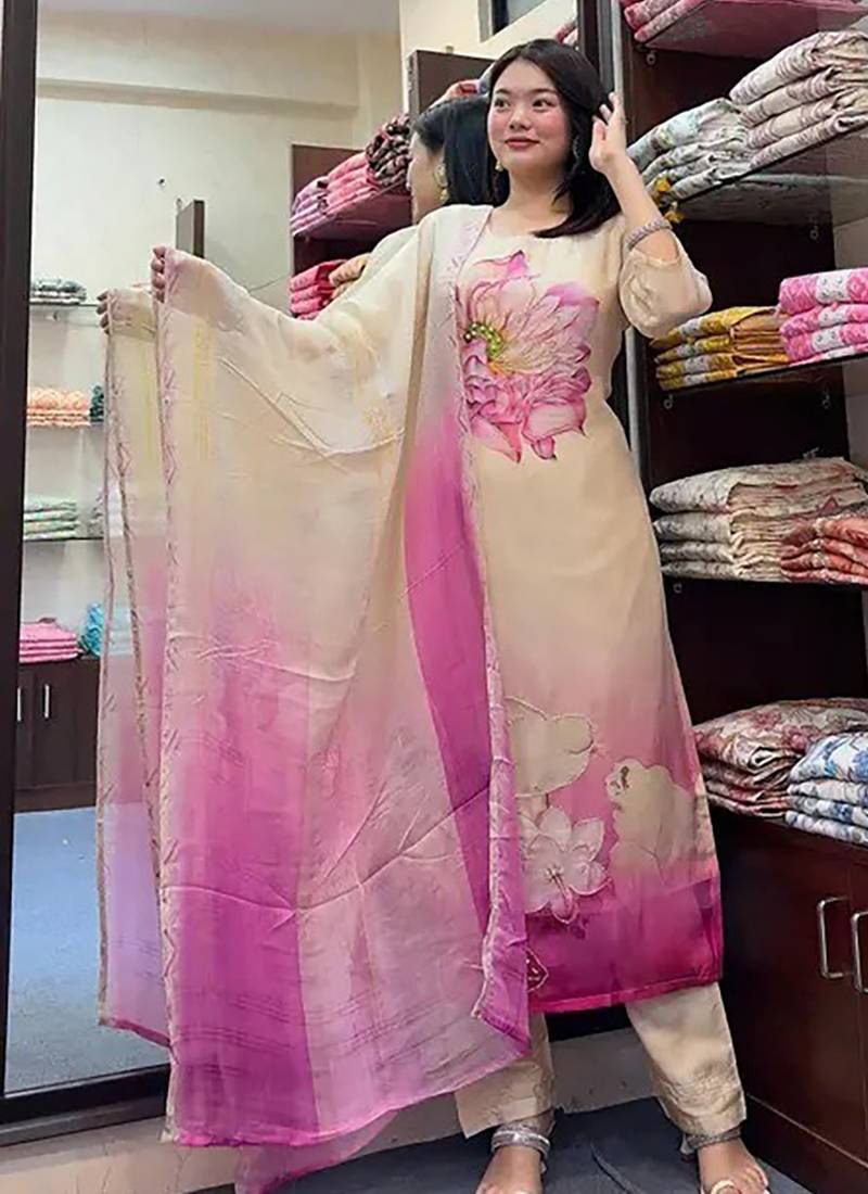 Tabby silk hand work sttiched suit in cream