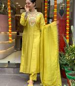 Yellow chanderi sttiched straight suit