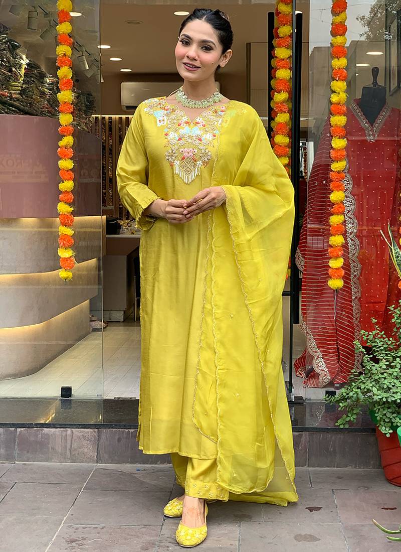 Yellow chanderi sttiched straight suit