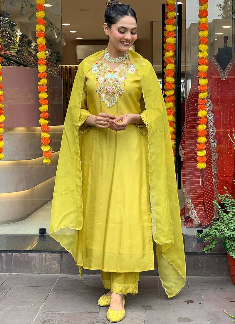 Yellow chanderi sttiched straight suit