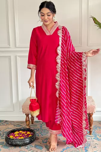 Red chanderi embroidered ready made suit