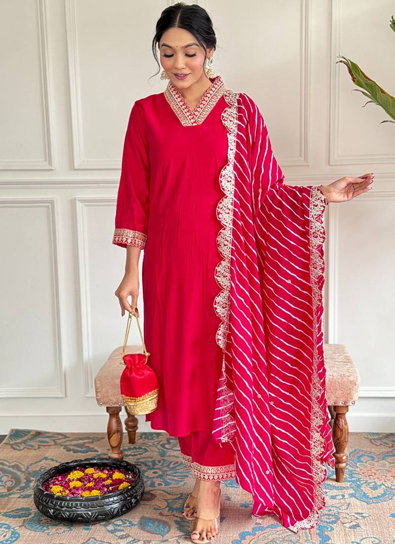 Red chanderi embroidered ready made suit