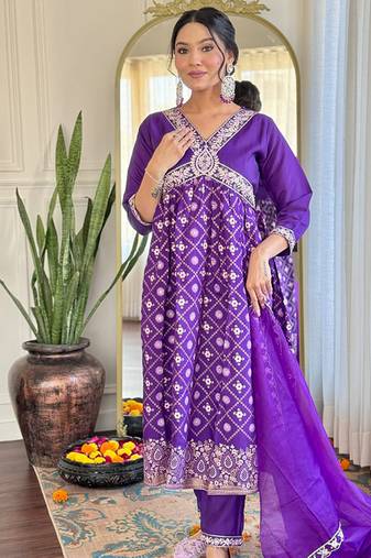 Purple chanderi embrodiered ready made anarkali suit