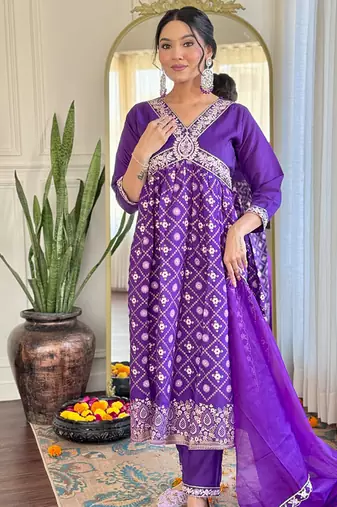 Purple chanderi embrodiered ready made anarkali suit