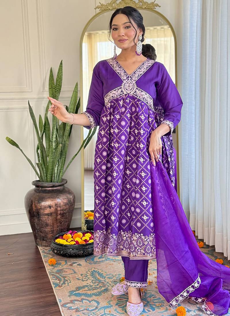 Purple chanderi embrodiered ready made anarkali suit