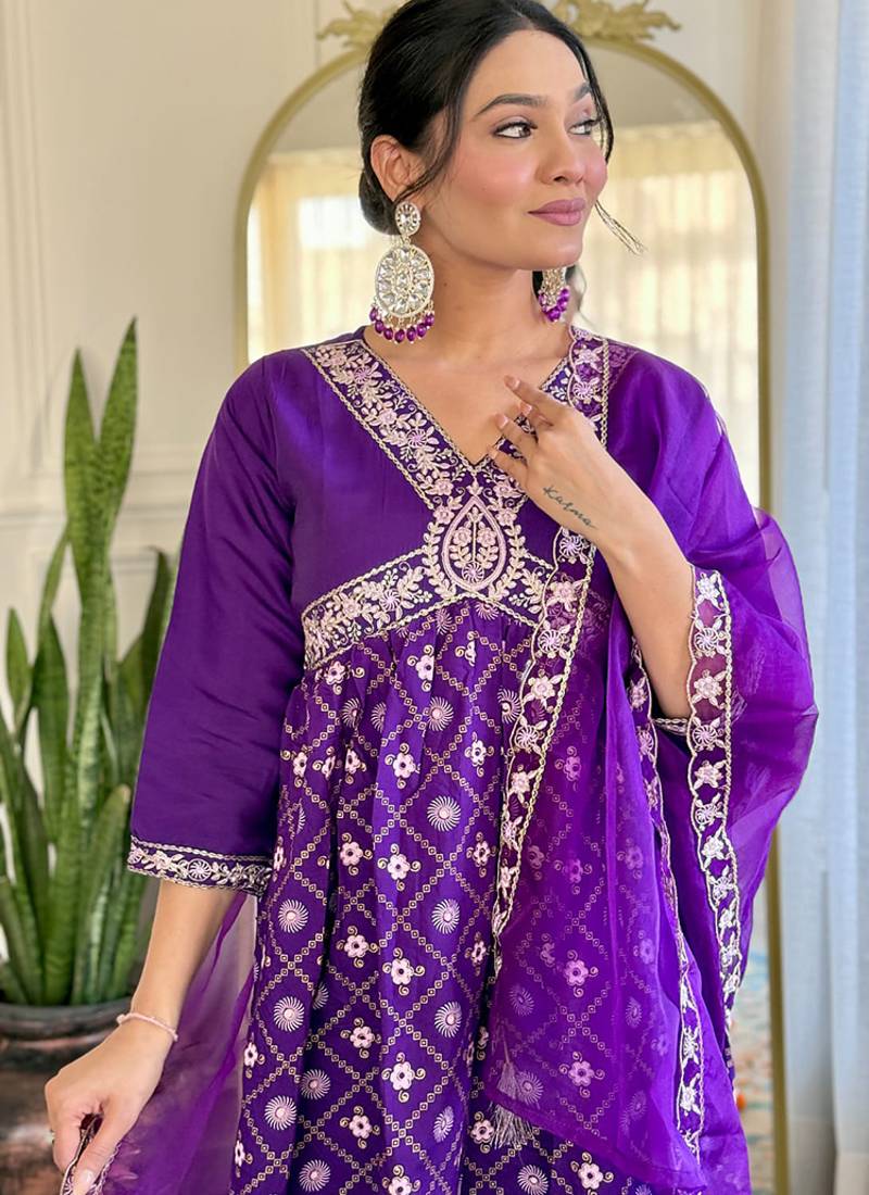 Purple chanderi embrodiered ready made anarkali suit