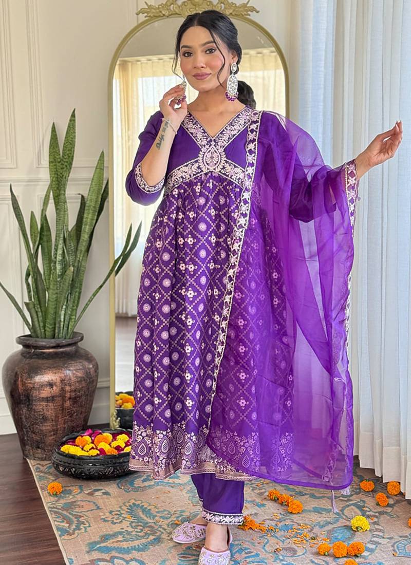 Purple chanderi embrodiered ready made anarkali suit