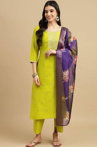 Lemon green chinon embroidered ready made kurta set