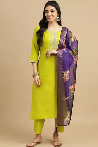 Lemon green chinon embroidered ready made kurta set