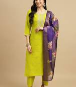 Lemon green chinon embroidered ready made kurta set